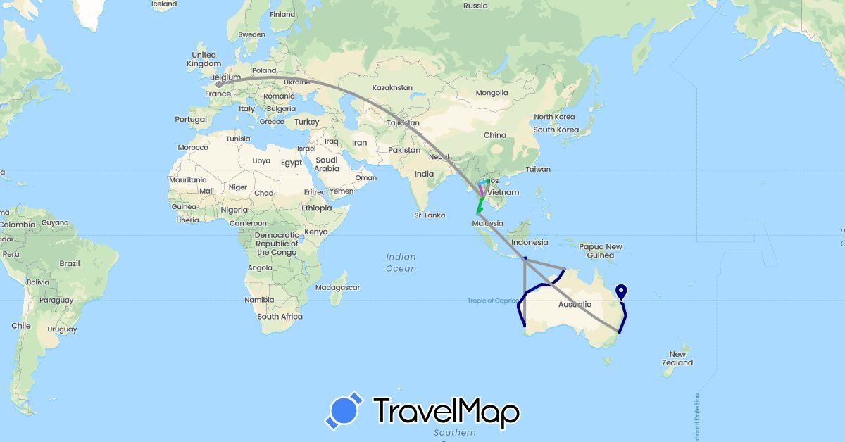 TravelMap itinerary: driving, bus, plane, train, boat in Australia, France, Indonesia, Laos, Thailand (Asia, Europe, Oceania)